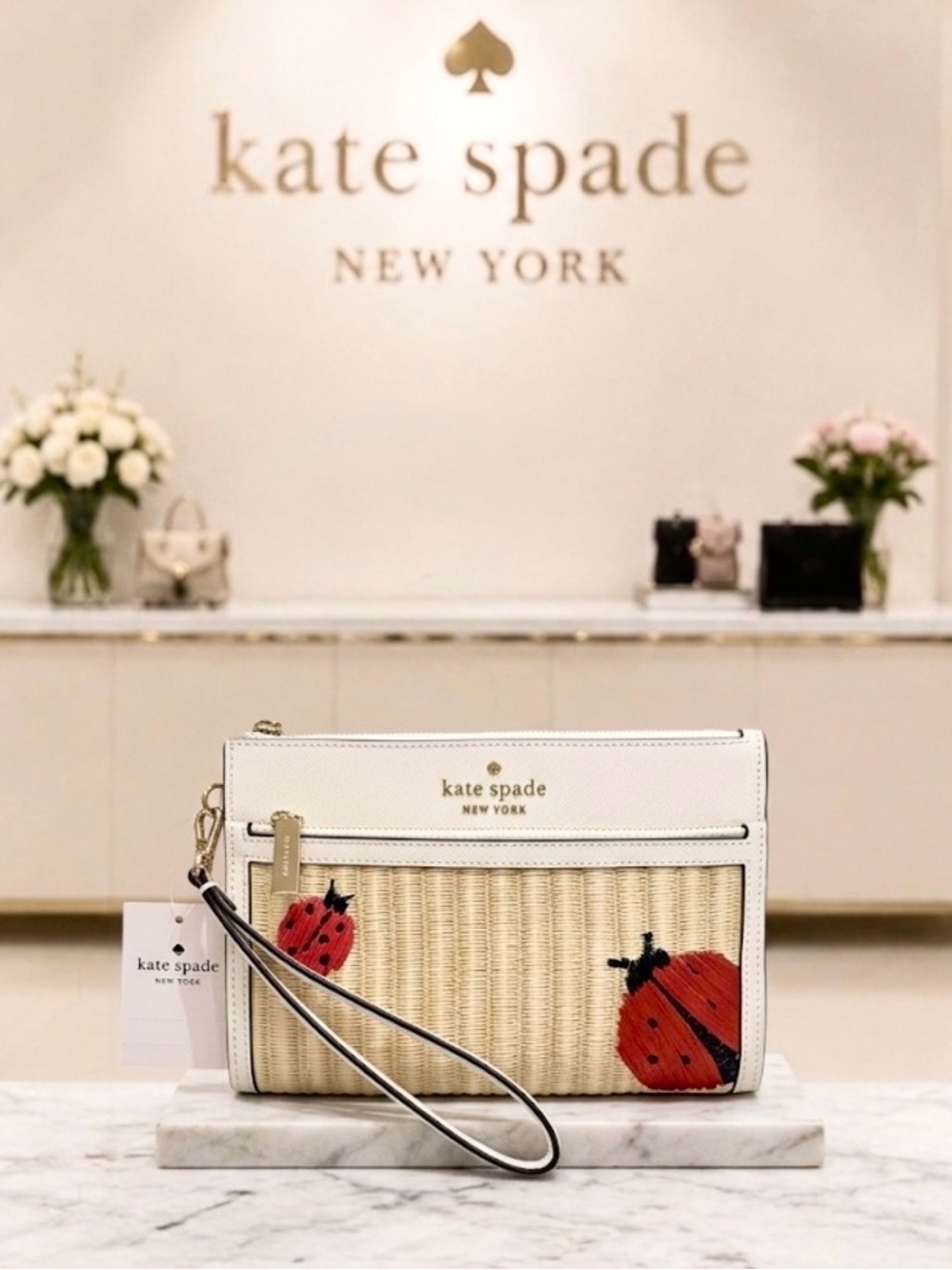 Kate Spade Dottie Ladybug Embroidered Natural Straw dbl zip Wristlet - NWT $179